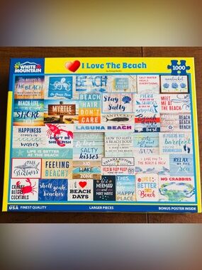 White Mountain Beach-Themed Word Collage Puzzle - Blue, Yellow, Red, White